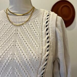 LOFT White Chunky Cotton Knit Woven Stitch Pullover Sweater Vest - M